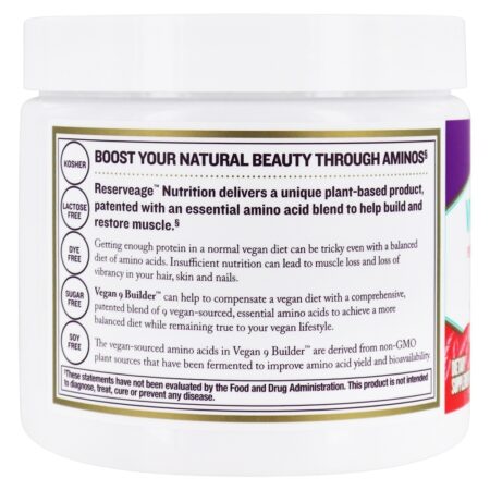 Vegan 9 Builder Patenteado Aminoácidos Essenciais Mistura Pó Natural Uva - 6.88 oz. Reserveage Nutrition - Imagem 3
