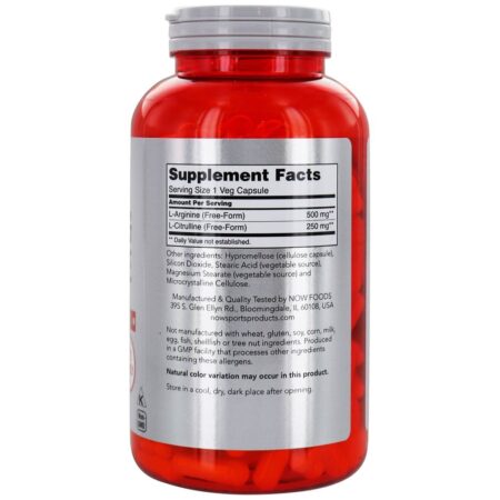 NOW Sports Arginina 500mg e Citrulina 250mg - 240 Cápsula (s) vegetal (s) NOW Foods - Image 2