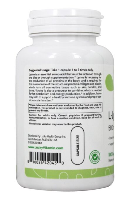 L-Lisina 500 mg. - Cápsulas LuckyVitamin 100 LuckyVitamin - Image 3