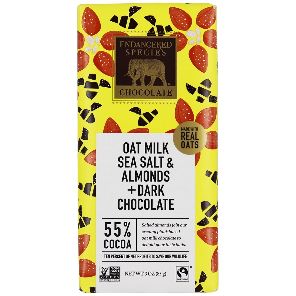 Barra de chocolate escuro 55 % de leite de cacau com aveia, sal marinho e amêndoas - 3 oz. Endangered Species