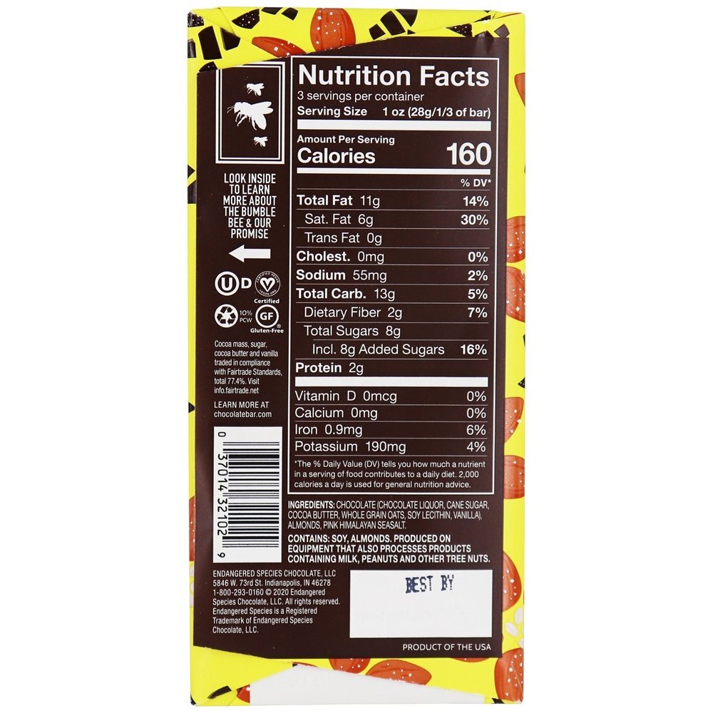 Barra de chocolate escuro 55 % de leite de cacau com aveia, sal marinho e amêndoas - 3 oz. Endangered Species - Imagem 2
