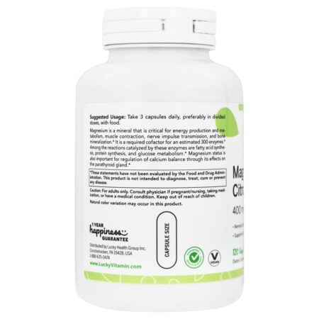 Suporte ao Sistema Nervoso de Citrato de Magnésio 400 mg. - Cápsulas LuckyVitamin 120 LuckyVitamin - Image 3