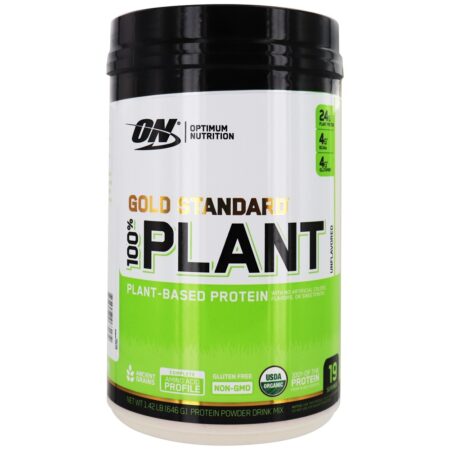 Ouro em pó 100 % em pó de proteína à base de plantas sem sabor - 1.42 lb. Optimum Nutrition