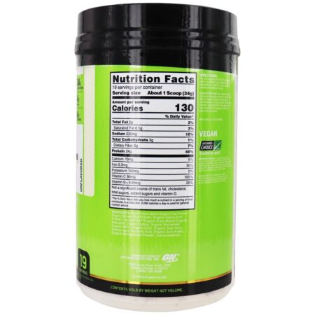 Ouro em pó 100 % em pó de proteína à base de plantas sem sabor - 1.42 lb. Optimum Nutrition - Image 2