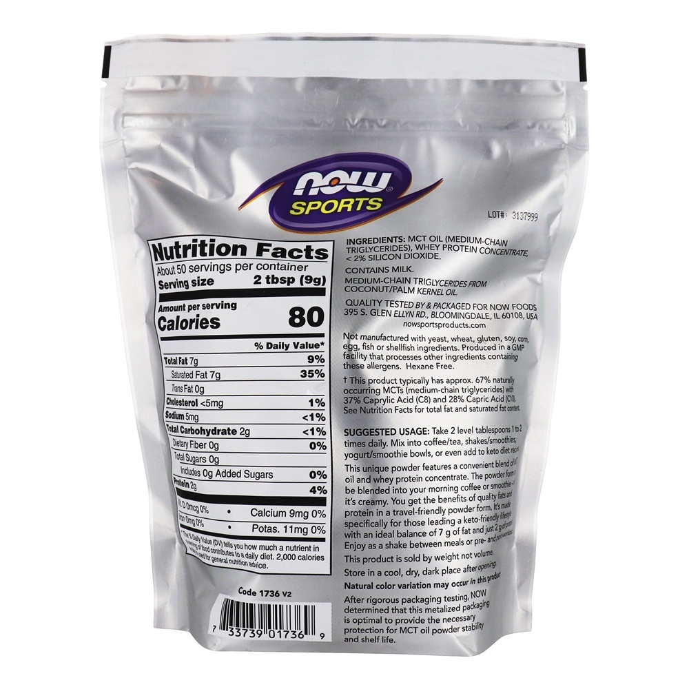NOW Sports MCT em pó com Whey Protein sem sabor - 1 lb. NOW Foods - Imagem 2