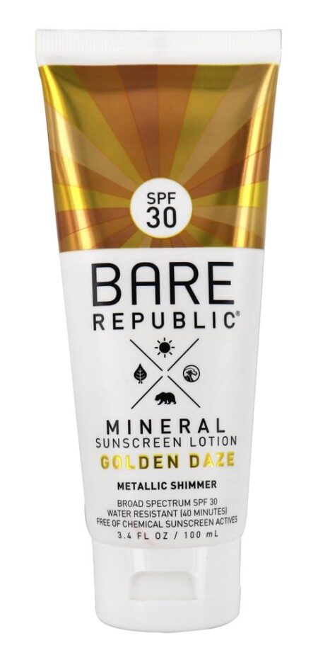 Loção Protetor Solar Brilho Metálico Mineral Daze Natural de Amora Preta 30 SPF - 3.4 fl. oz. Bare Republic