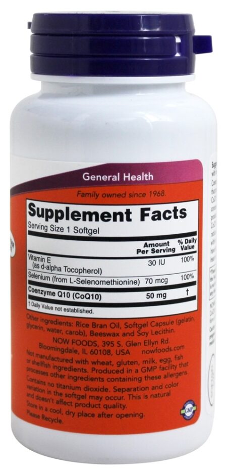 Saúde Cardiovascular CoQ10 com Selênio e Vitamina E 50 mg. - 200 Softgels NOW Foods - Image 2