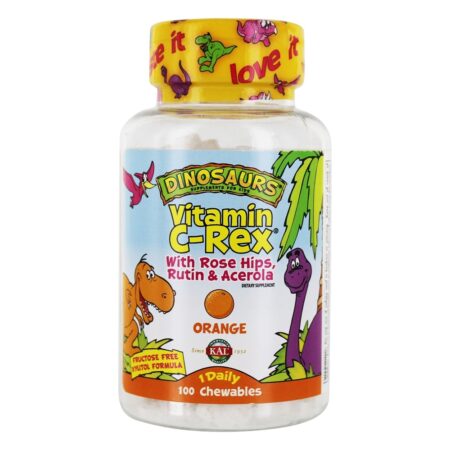 Dinossauros Vitamina C-Rex Para Crianças Com Rosa Mosqueta, Rutina & Acerola Laranja - 100 comprimidos mastigáveis Kal