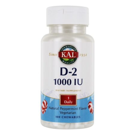 Vitamina D2 Sabor Natural de Hortelã 1000 UI - 100 Mastigáveis Kal