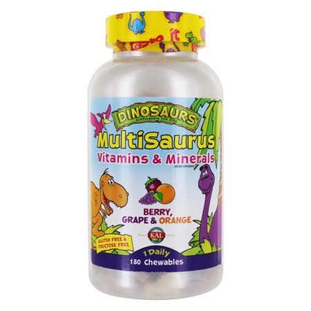 Multisaurus Vitaminas & Minerais Para Crianças Sabor Uva, Laranja & Frutas - 180 comprimidos mastigáveis Kal