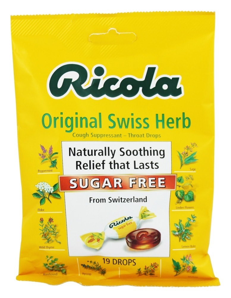 A garganta natural da erva deixa cair a erva suíça original livre do açúcar - 19 Pastilhas Ricola