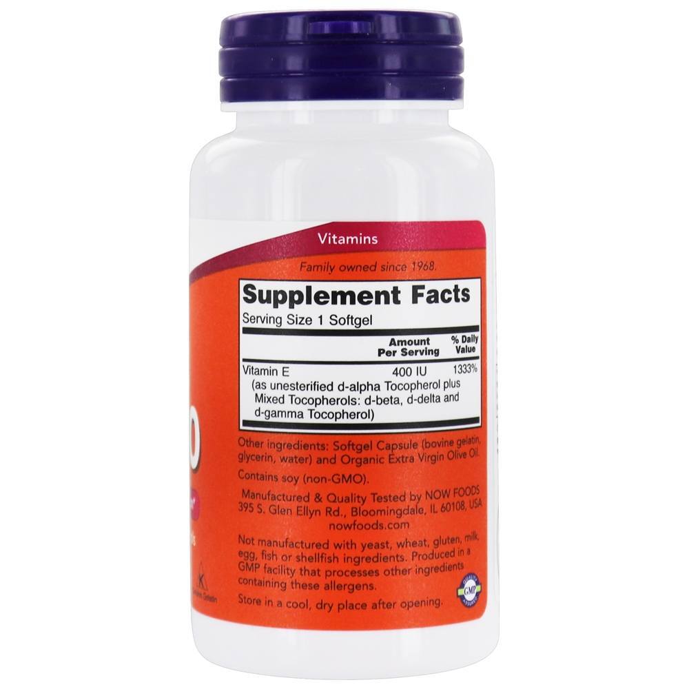 Proteção antioxidante da vitamina E-400 com tocoferóis mistos 400 UI - 100 Softgels NOW Foods - Imagem 2