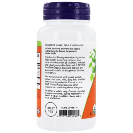 Spirulina Orgânica 500 mg. - 100 Tablets NOW Foods - Image 3