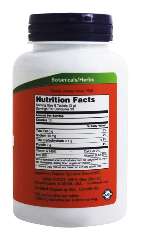 Spirulina Orgânica 500 mg. - 200 Tablets NOW Foods - Image 2