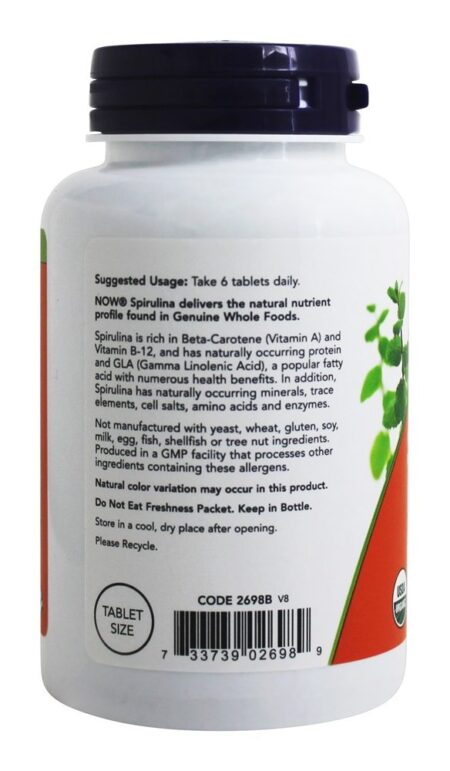 Spirulina Orgânica 500 mg. - 200 Tablets NOW Foods - Image 3