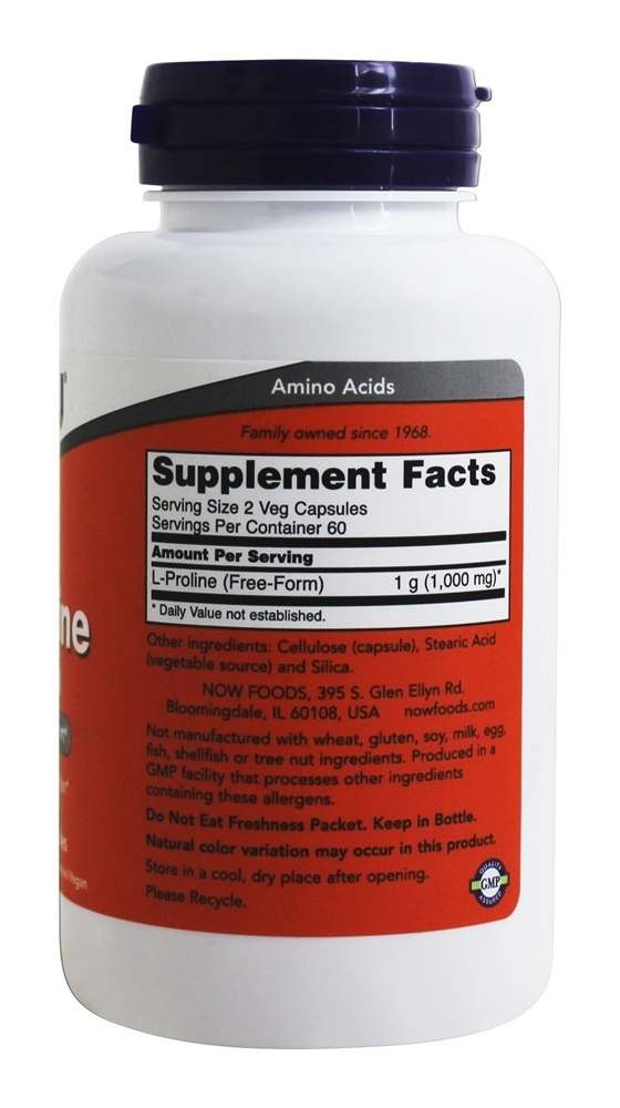 L-Proline 500 mg. - Cápsulas vegetarianas 120 NOW Foods - Imagem 2