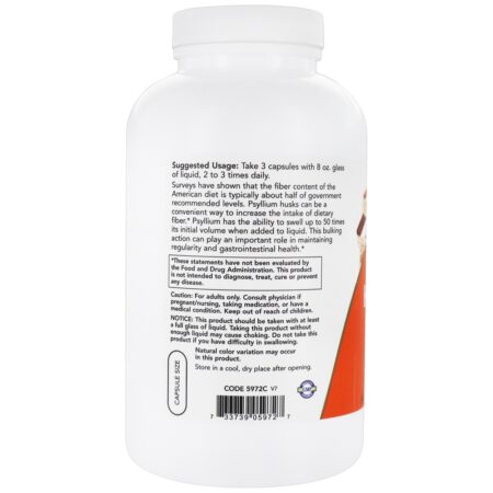 Casca de Psyllium 500 mg. - 500 Cápsula (s) vegetal (s) NOW Foods - Image 3