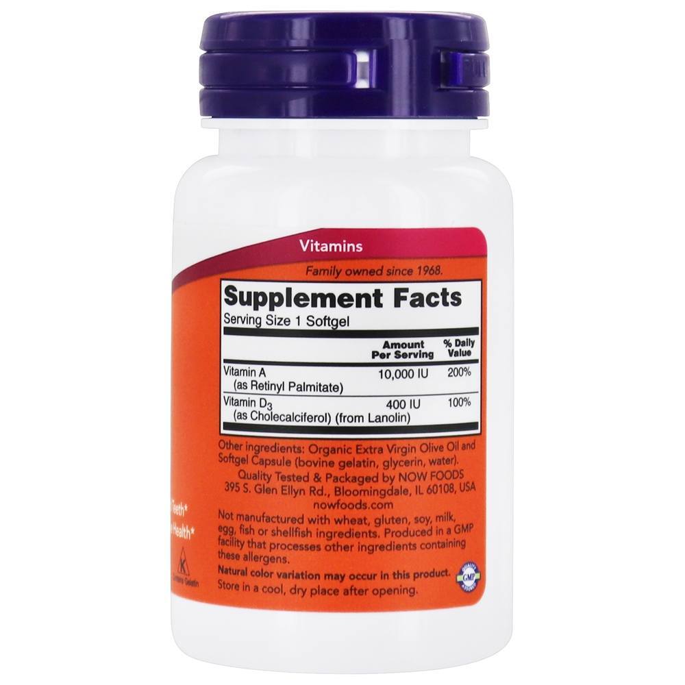Vitamina A e D Nutrição Essencial - 100 Softgels NOW Foods - Imagem 2