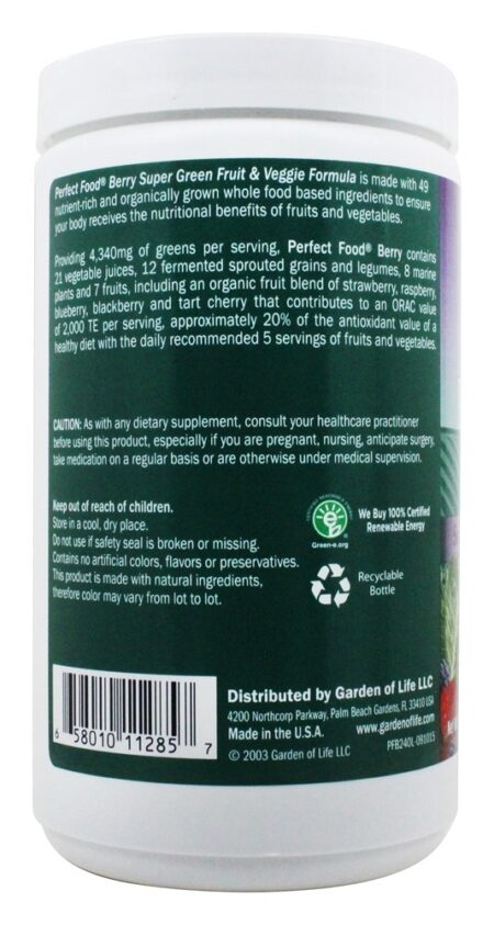 Perfeito Comida Super Verde Fruto & Vegetariano Fórmula Baga - 240 Gramas Garden of Life - Image 3