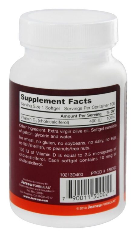 Colecalciferol Vitamina D3 400 UI - 100 Softgels Jarrow Formulas - Image 2