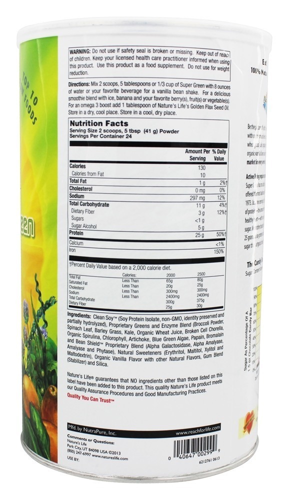 Super-Verde Pró-96 Soja Proteína Prêmio Misturar Delicioso Baunilha Feijão - 2.18 lbs. Nature's Life - Imagem 2