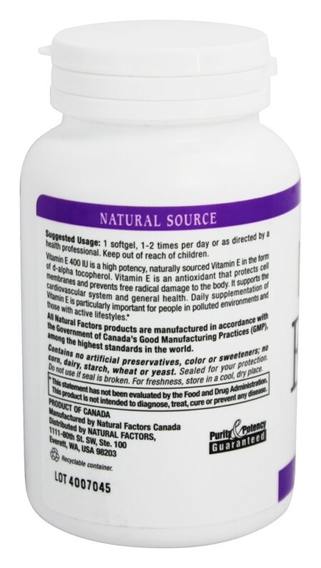 Vitamina E Misturada 100 % Natural Fonte 400 IU - 180 Softgels Natural Factors - Image 3