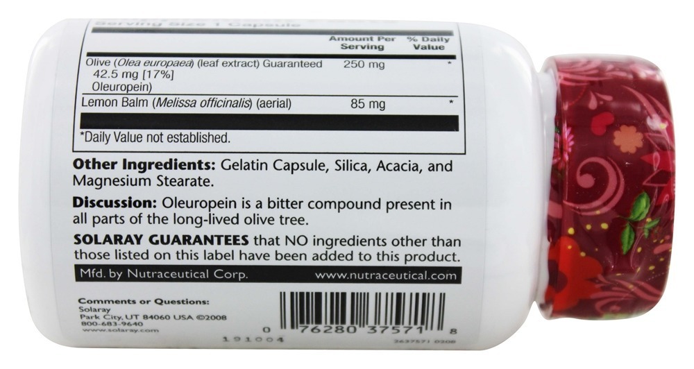 Extrato de folha de oliva com vigor garantido 250 mg. - Cápsulas 60 Solaray - Imagem 3