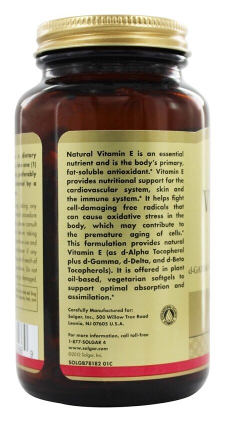 Vitamina E Como d Alpha Tocoferol 1000 UI - 100 Cápsulas Vegetarianas Solgar - Image 4