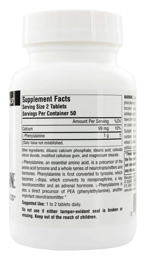 L-Fenilalanina Essencial Livre Forma Amino ácido 500 mg. - 100 Tablets Source Naturals - Imagem 2