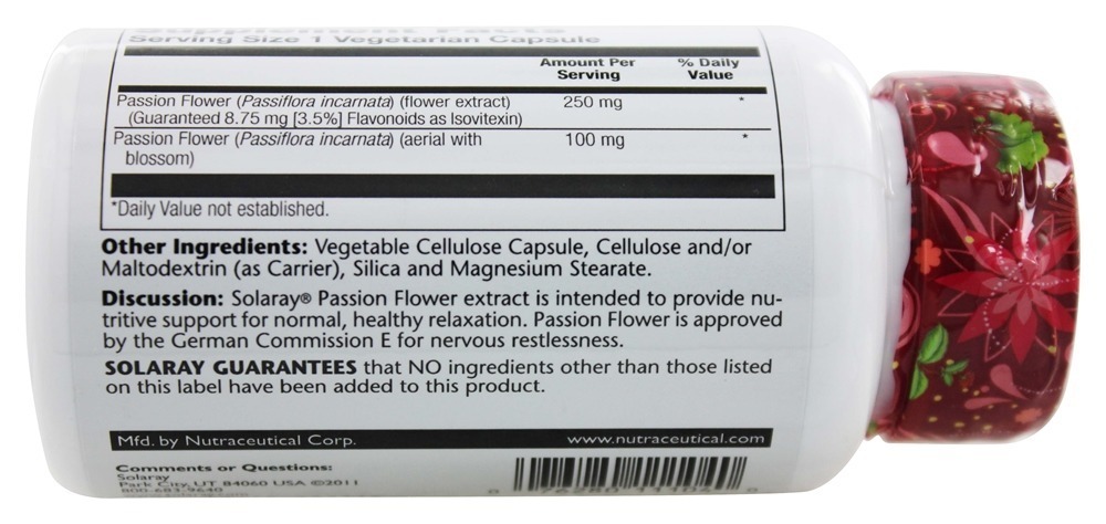 Potência Garantida Extrato de Flor de Maracujá 250 mg. - Cápsulas vegetarianas 60 Solaray - Imagem 3