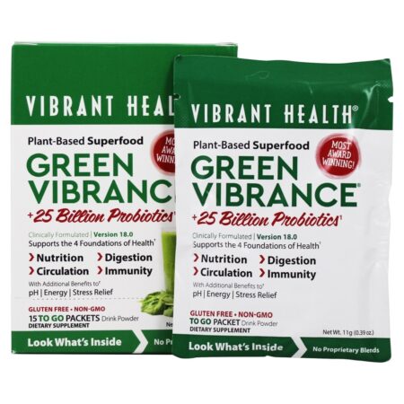 Green Vibrance Versão 18.0 Superalimento à Base de Plantas 25 Bilhões de UFC - 15 Pacotes (s) Vibrant Health