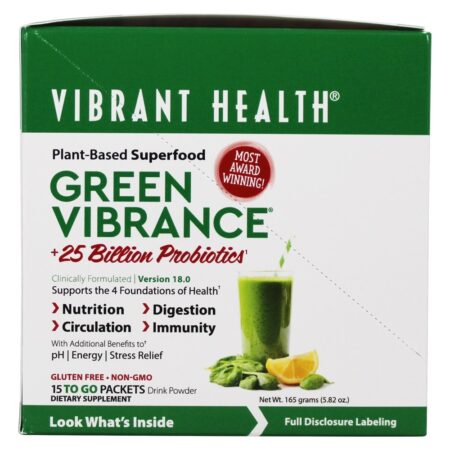 Green Vibrance Versão 18.0 Superalimento à Base de Plantas 25 Bilhões de UFC - 15 Pacotes (s) Vibrant Health - Image 4