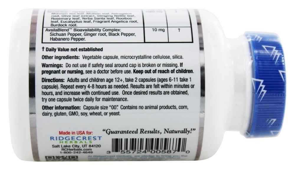 SinusClear Complete Apoio Sinus - 60 Tampas veganas Ridgecrest Herbals - Imagem 3