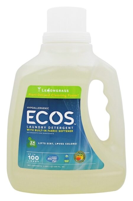 ECOS Detergente de lavanderia hipoalergênico com amaciantes de tecido embutidos 100 Loções de erva-de-limão - 100 fl. oz. Earth Friendly