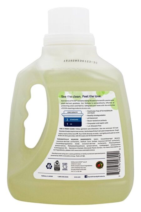 ECOS Detergente de lavanderia hipoalergênico com amaciantes de tecido embutidos 100 Loções de erva-de-limão - 100 fl. oz. Earth Friendly - Image 2