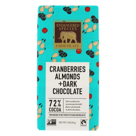 Barra de chocolate escura 72 % Cranberries e amêndoas de cacau - 3 oz. Endangered Species