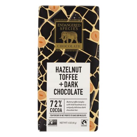 Barra de chocolate escuro 72 % Cacau Avelã Toffee - 3 oz. Endangered Species