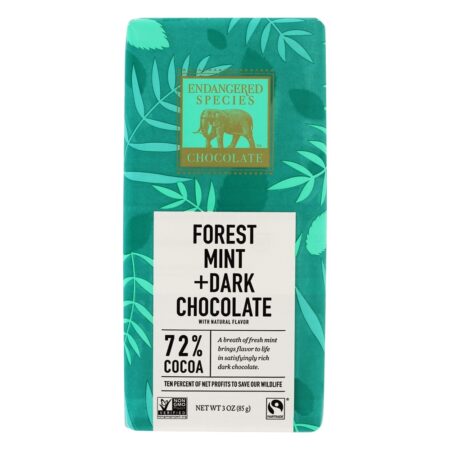 Barra de chocolate escuro 72 % cacau floresta hortelã - 3 oz. Endangered Species