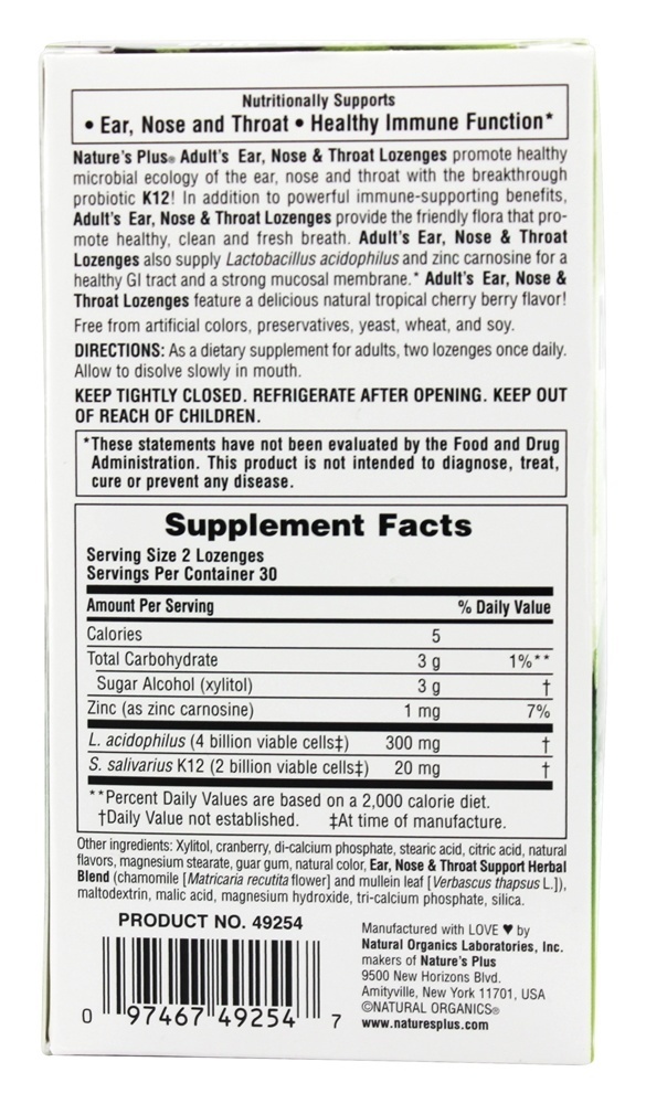Lozenges do nariz e da garganta da orelha do adulto com K12 Probiotics Baga tropical natural da cereja - 60 Pastilhas Natures Plus - Imagem 2