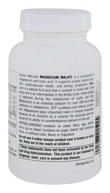 Malato de magnésio Rendimento 416.5 mg Ácido málico 625 mg. - Cápsulas 100 Source Naturals - Image 3