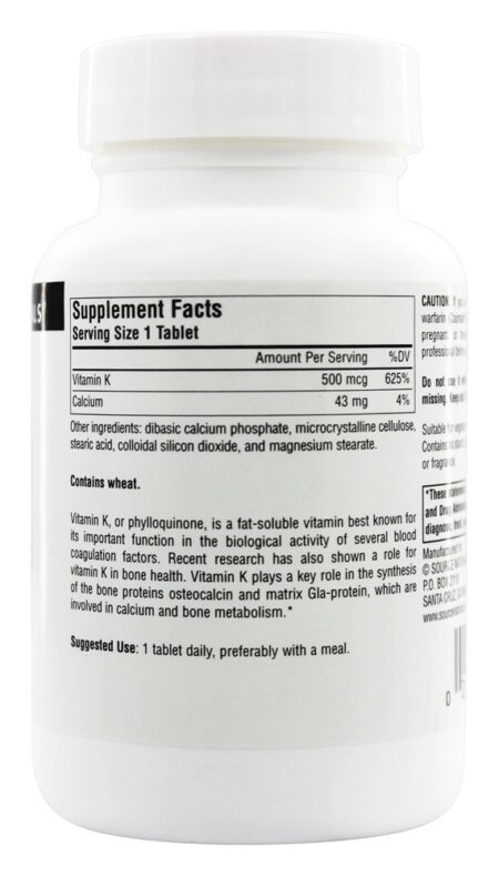 Vitamina K 500 mcg. - 200 Tablets Source Naturals - Image 2