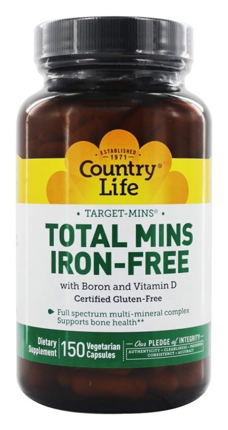 Total Mins Complexo Multi-Mineral com Boro e Vitamina D Sem Ferro - Cápsulas vegetarianas 150 Country Life