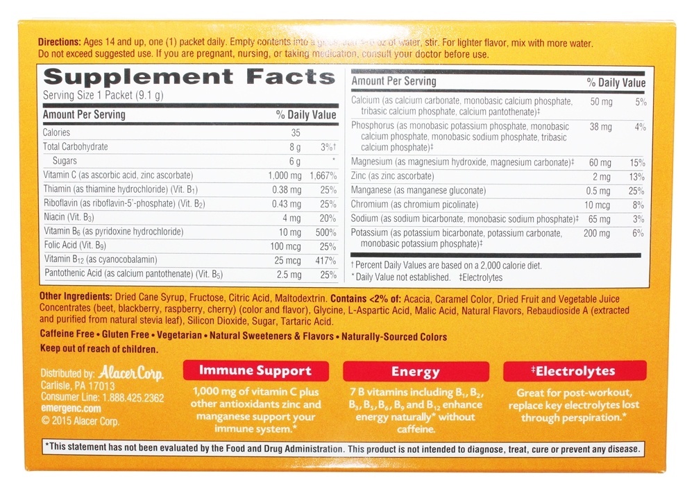 Vitamina C de reforço de energia Emergen-C 1000 mg. - 30 Pacotes (s) Alacer - Imagem 3