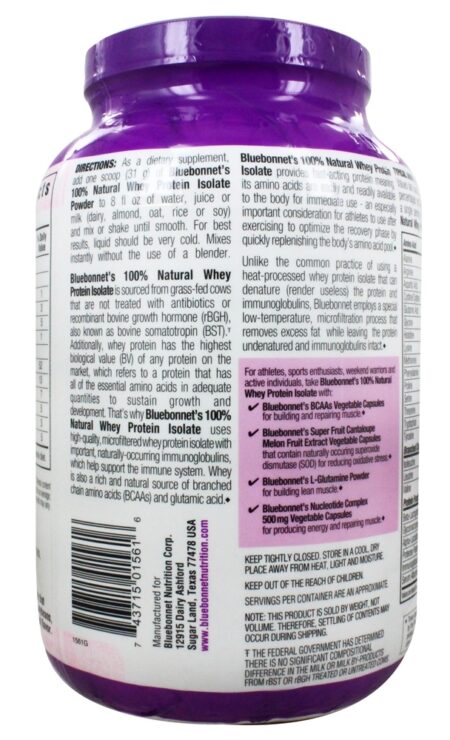 100% Natural Soro de leite coalhado Proteína Isolar Pó Natural Original Sabor - 2.2 lbs. Bluebonnet Nutrition - Image 3