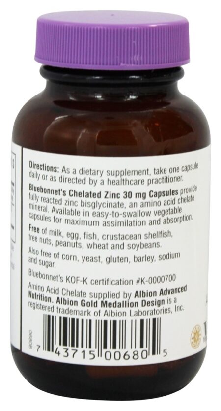 Aminoácido de Albion de Zinco Quelatado - Cápsulas vegetarianas 90 Bluebonnet Nutrition - Image 3