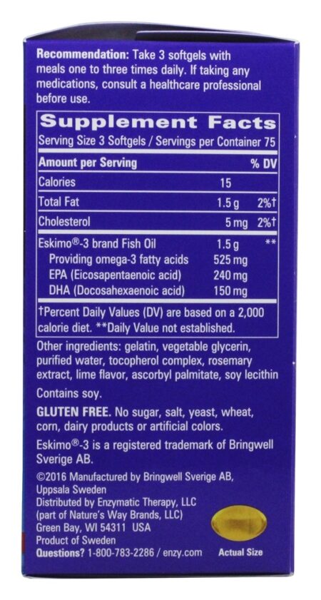 Eskimo-3 Óleo de Peixe Naturalmente Estável Ultra-Pure Omega-3 - 225 Softgels Enzymatic Therapy - Image 2