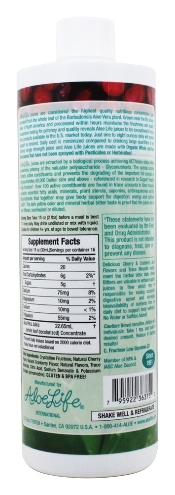 Inteiro Folha Aloés Vera Suco Concentrar Cereja Baga - 16 fl. oz. Aloe Life - Imagem 2