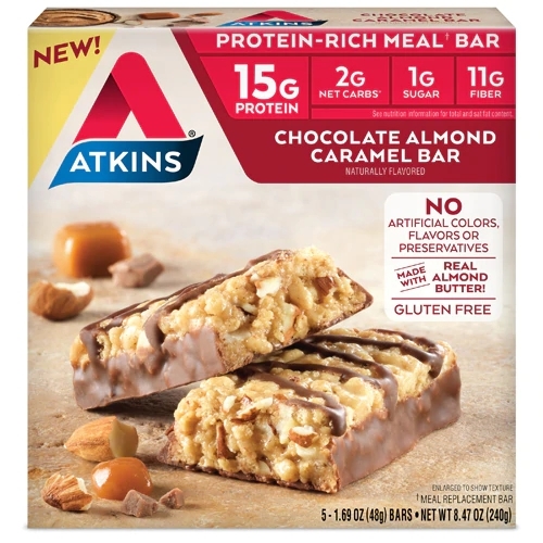 Barra de Refeição Atkins Chocolate Amêndoa Caramelo - 5 Barras (Aprox. 210g)