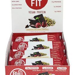 Barra de Proteína Vegana BHU Fit Chocolate, Cereja e Pistache - 12 Barras (Aprox. 580g)