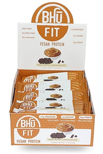 Barra de Proteína Vegana BHU Fit Sabor Pasta de Amendoim e Gotas de Chocolate - 12 Barras (Aprox. 600g)